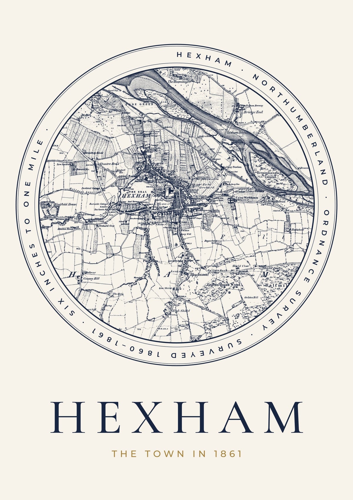 Hexham old Ordnance Survey map print, surveyed 1860–1861, Roundel design