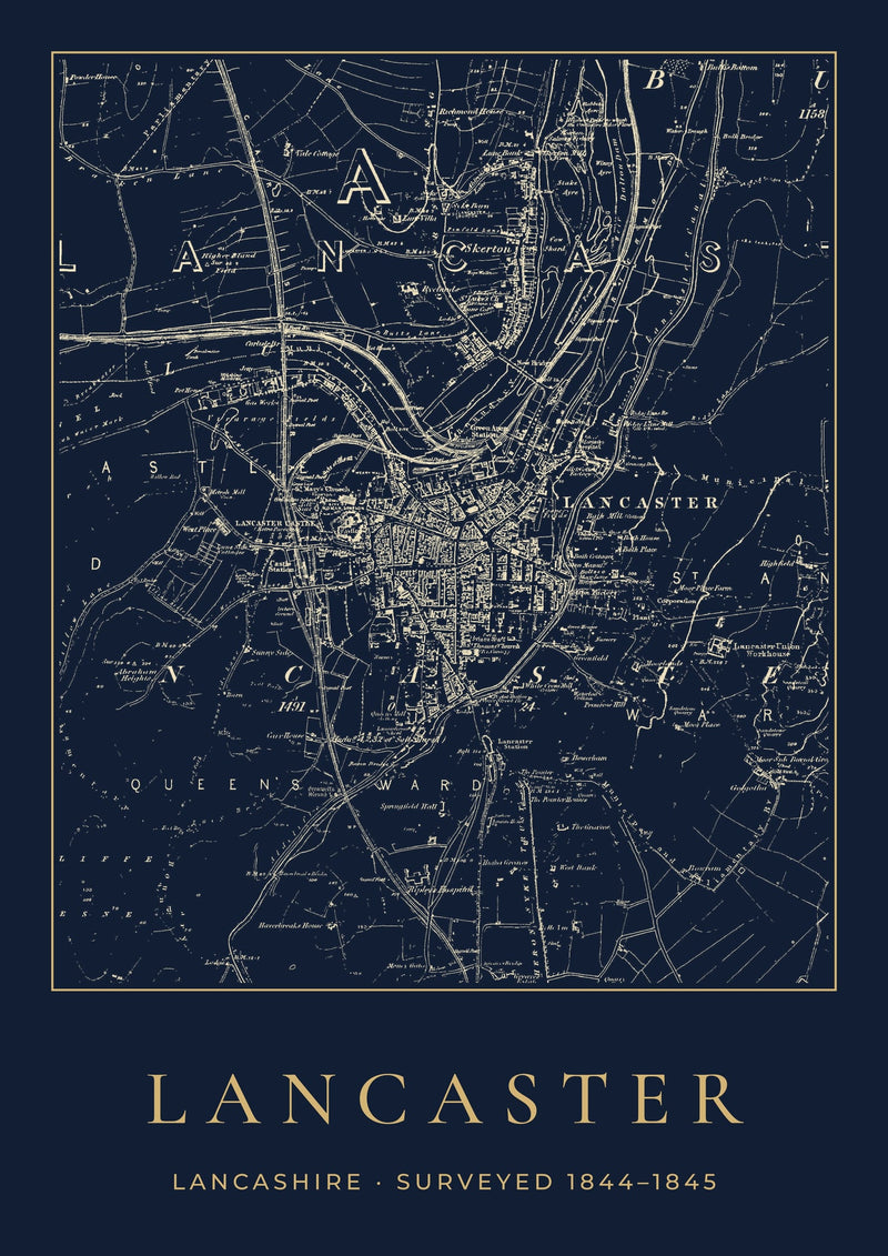 Lancaster in 1845 Old Map Print — Night Ink