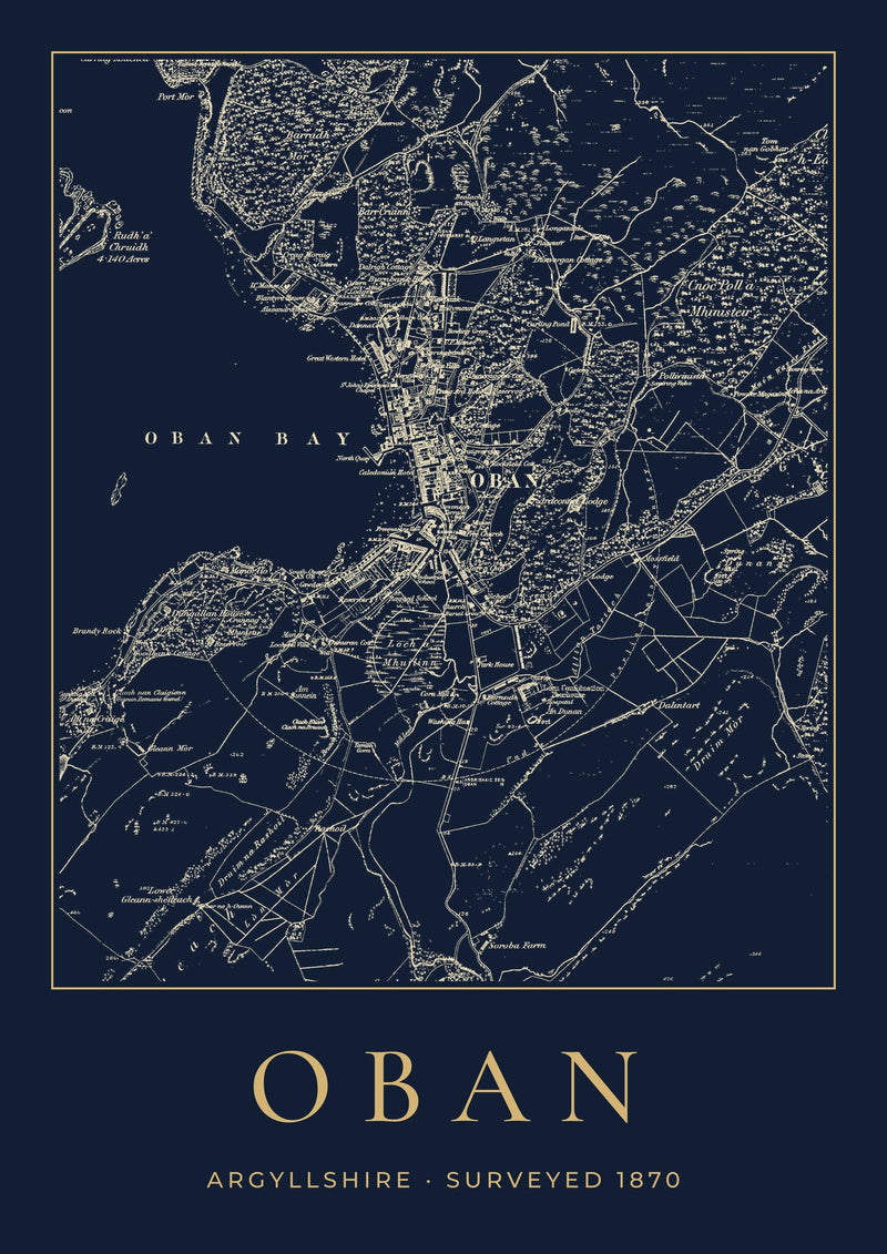 Oban in 1870 Old Map Print — Night Ink