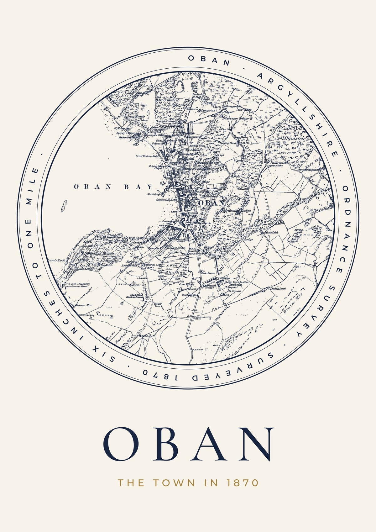 Oban old Ordnance Survey map print, surveyed 1870, Roundel design