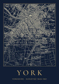 York old Ordnance Survey map print, surveyed 1846–1851, Night Ink design