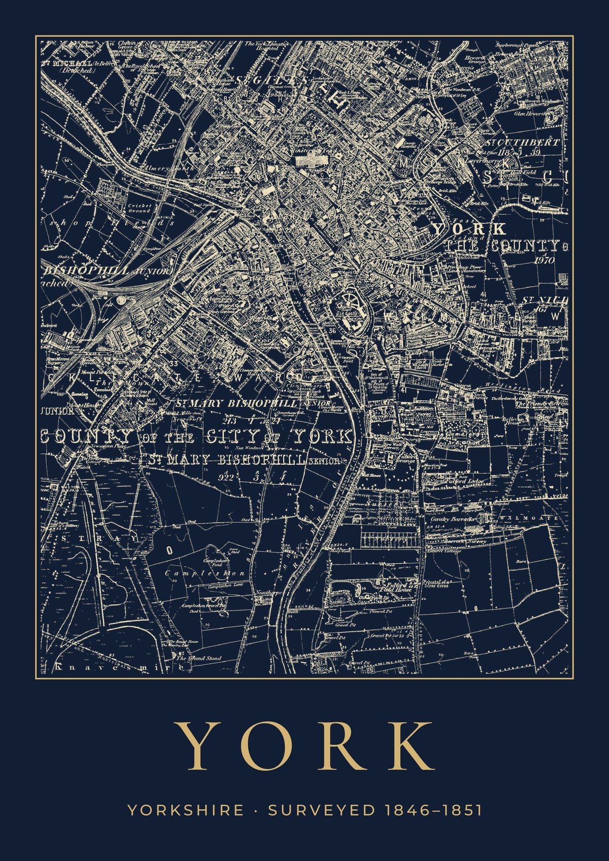 York old Ordnance Survey map print, surveyed 1846–1851, Night Ink design