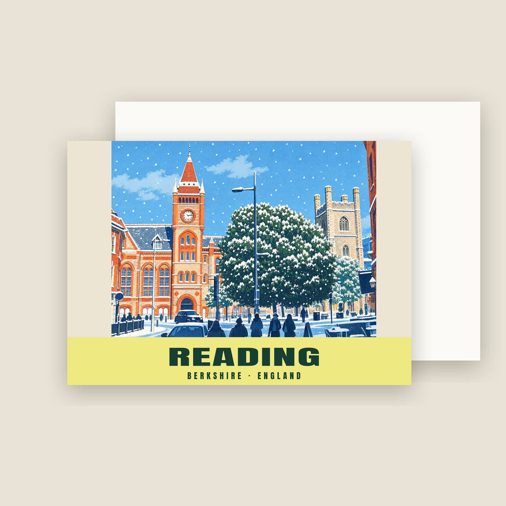 Town Hall and St Laurence’s Church, Reading winter Christmas card with its envelope