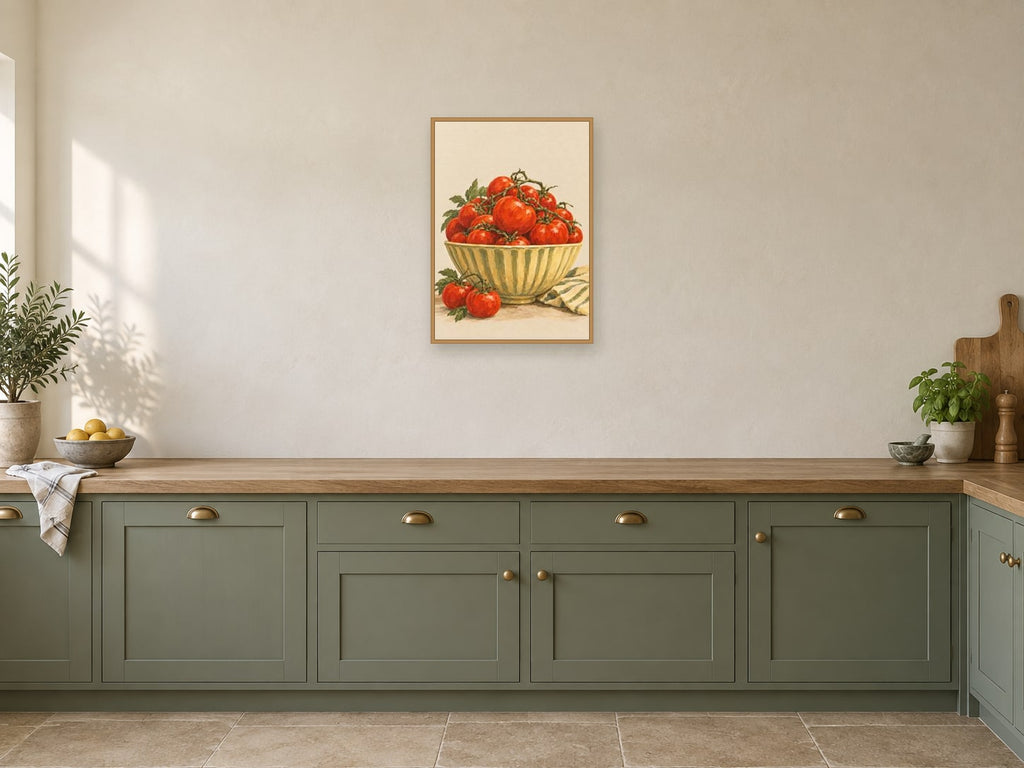 Tomatoes in the Sun — A2 artwork shown in a room with a natural wood frame; select a framed finish to include a frame
