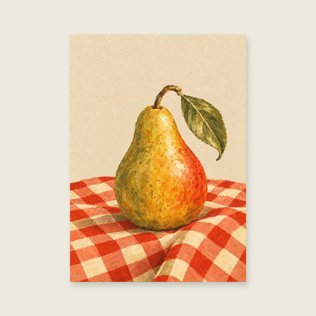 Pear on a Checked Cloth — Painterly gouache kitchen art print