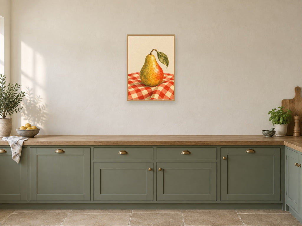 Pear on a Checked Cloth — A2 artwork shown in a room with a natural wood frame; select a framed finish to include a frame