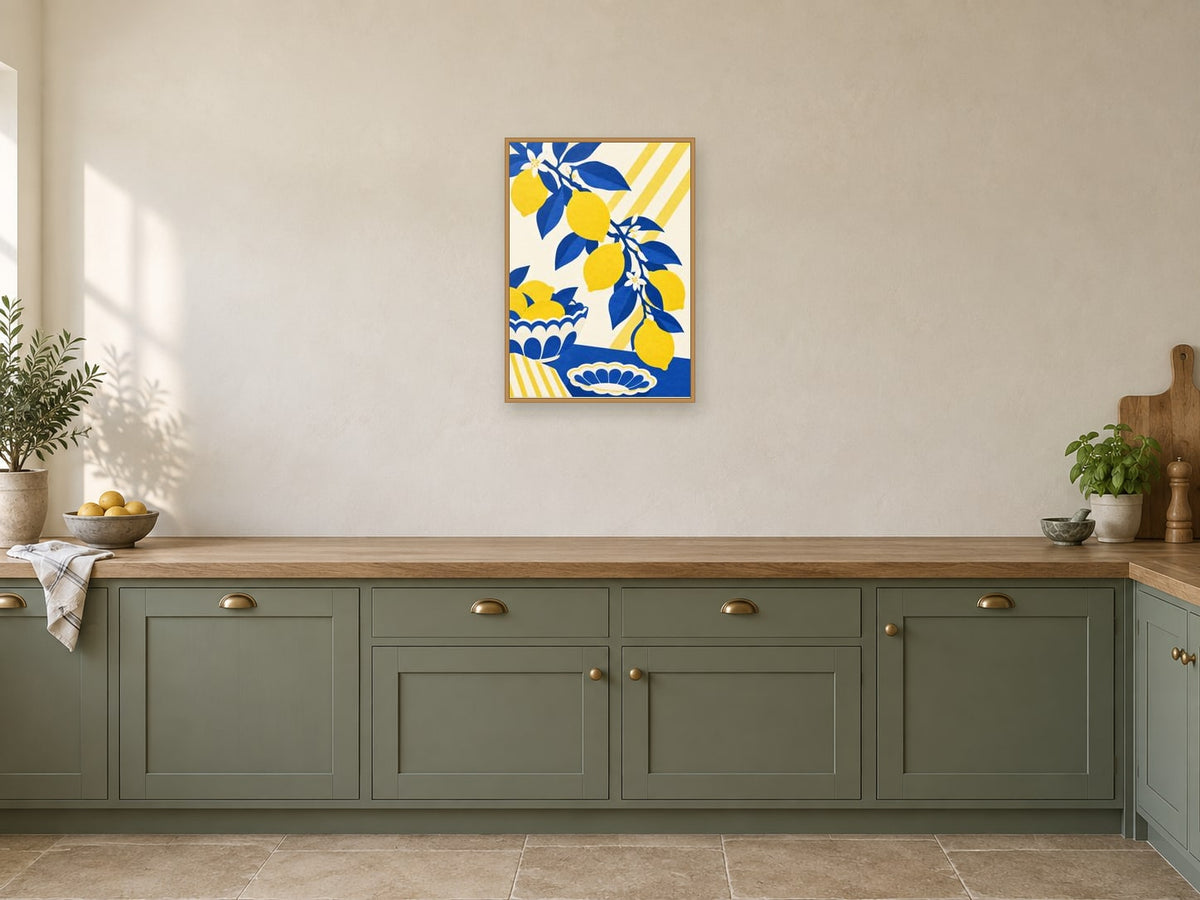 Lemon Branch at Noon — A2 artwork shown in a room with a natural wood frame; select a framed finish to include a frame