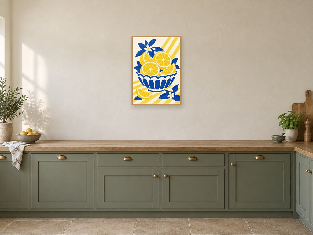 The Orange Bowl — A2 artwork shown in a room with a natural wood frame; select a framed finish to include a frame
