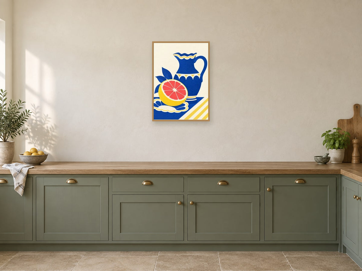 Grapefruit and Jug — A2 artwork shown in a room with a natural wood frame; select a framed finish to include a frame