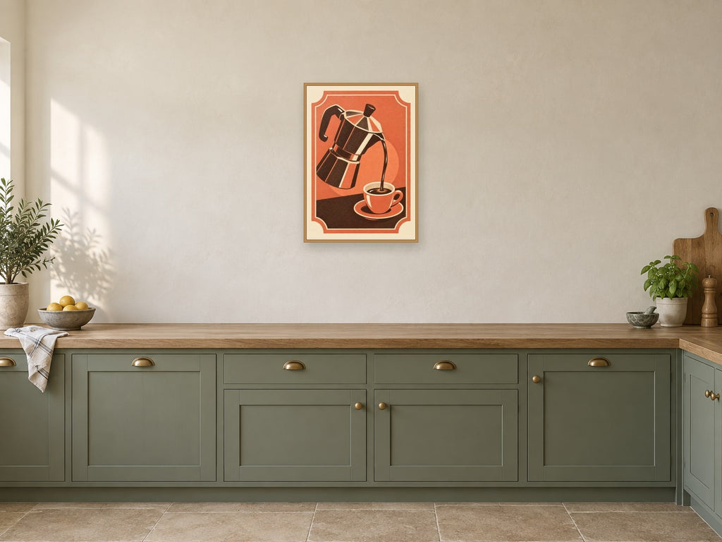 The First Pour — A2 artwork shown in a room with a natural wood frame; select a framed finish to include a frame