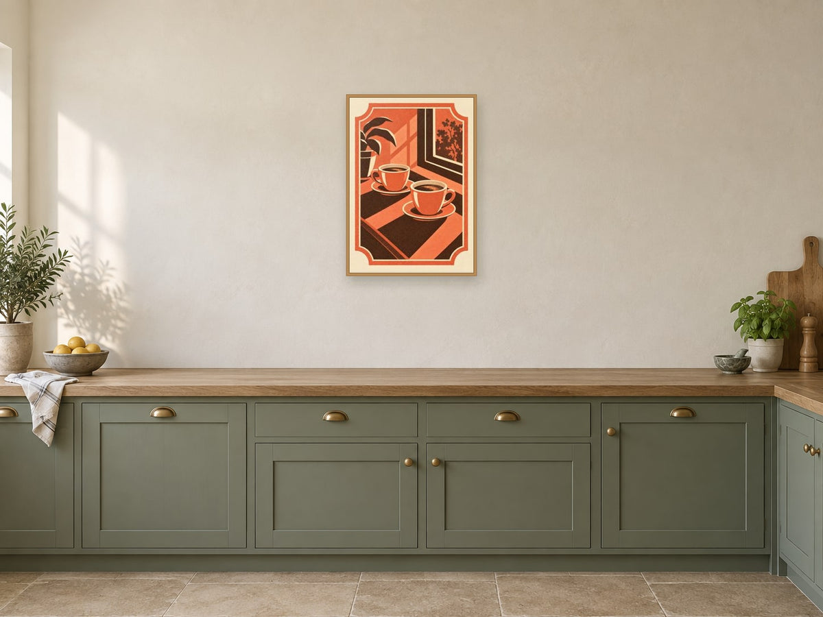 Coffee by the Window — A2 artwork shown in a room with a natural wood frame; select a framed finish to include a frame