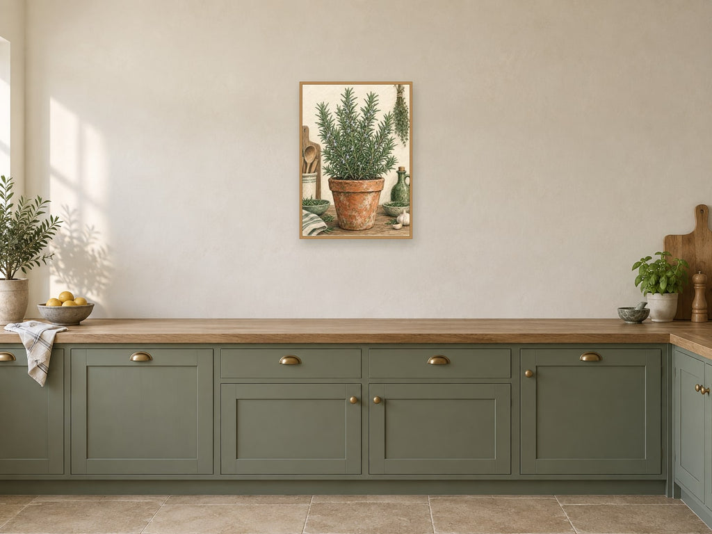 Rosemary Pot Study — A2 artwork shown in a room with a natural wood frame; select a framed finish to include a frame