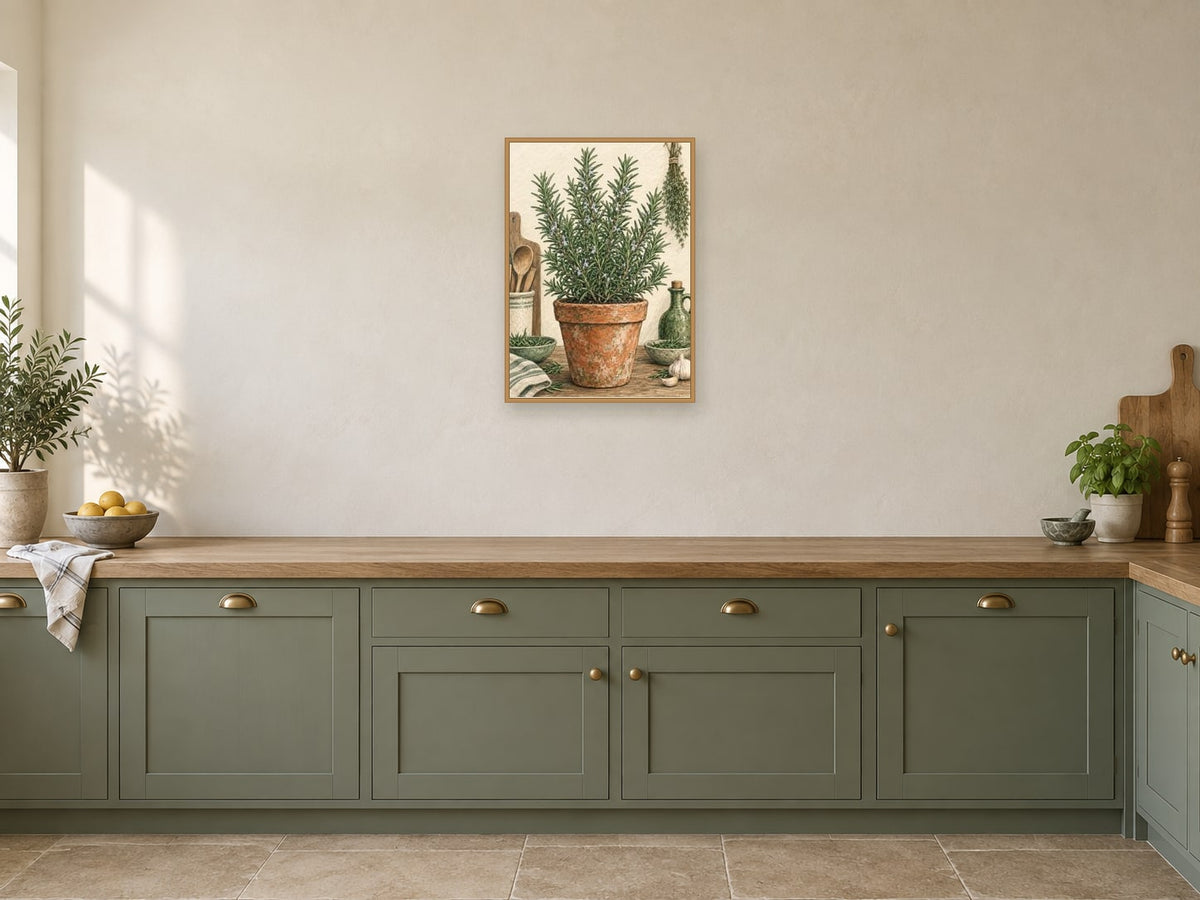 Rosemary Pot Study — A2 artwork shown in a room with a natural wood frame; select a framed finish to include a frame