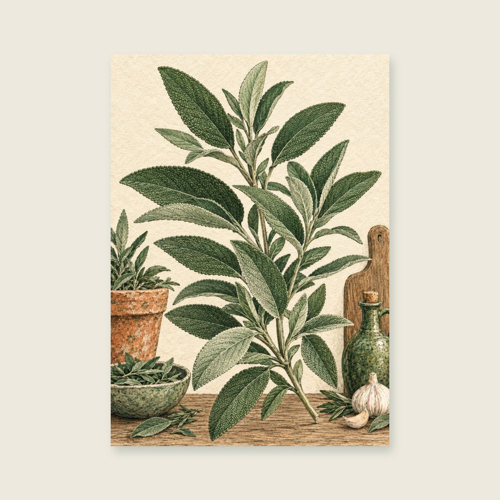 Sage Leaf Rhythm — Botanical ink illustration kitchen art print