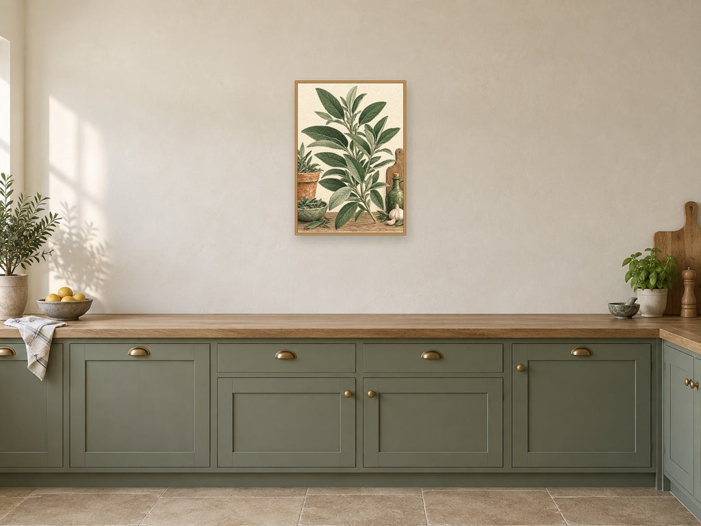 Sage Leaf Rhythm — A2 artwork shown in a room with a natural wood frame; select a framed finish to include a frame