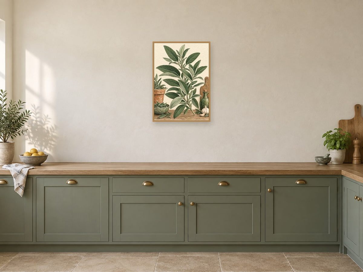 Sage Leaf Rhythm — A2 artwork shown in a room with a natural wood frame; select a framed finish to include a frame