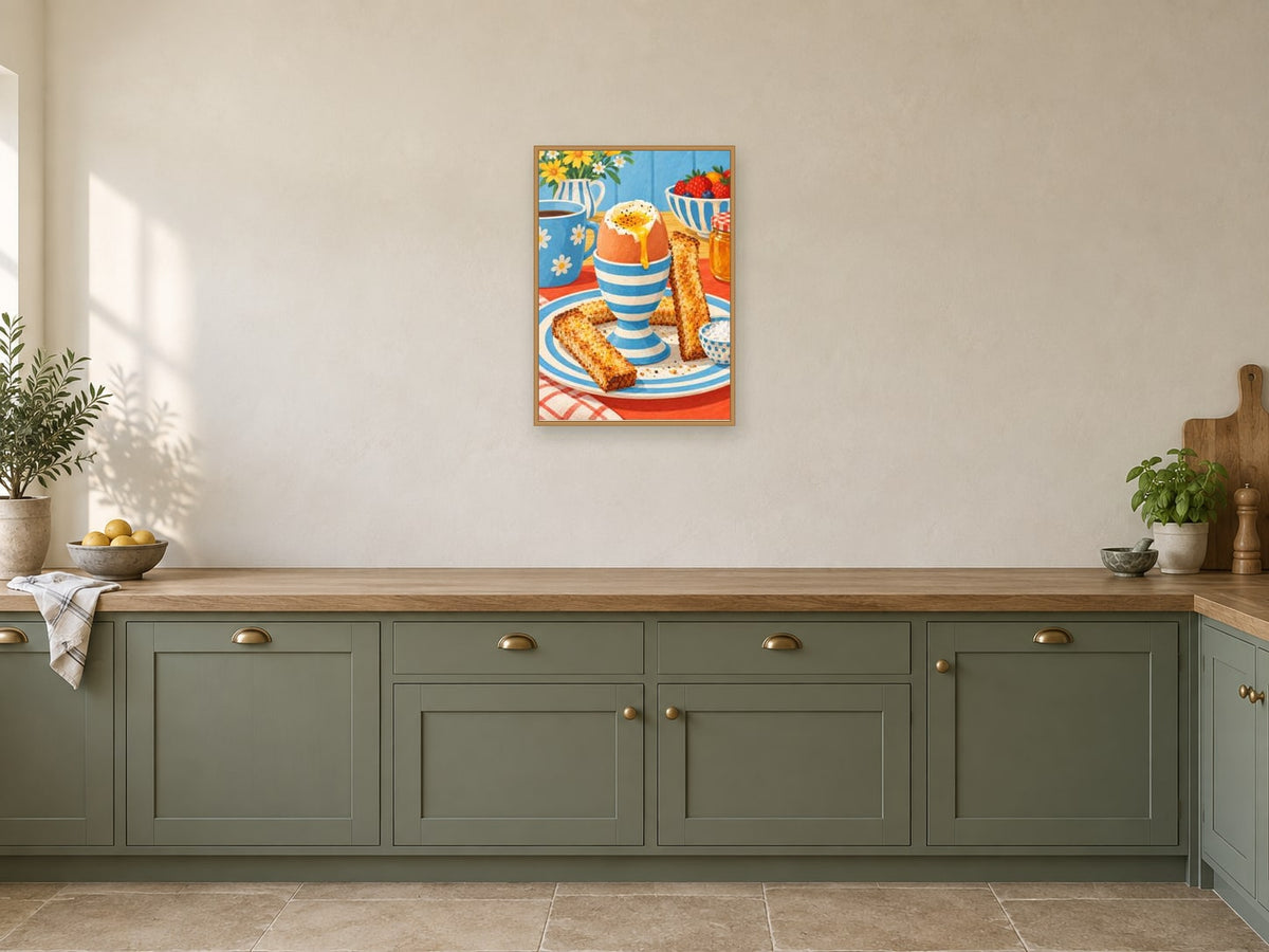 Egg and Soldiers — A2 artwork shown in a room with a natural wood frame; select a framed finish to include a frame