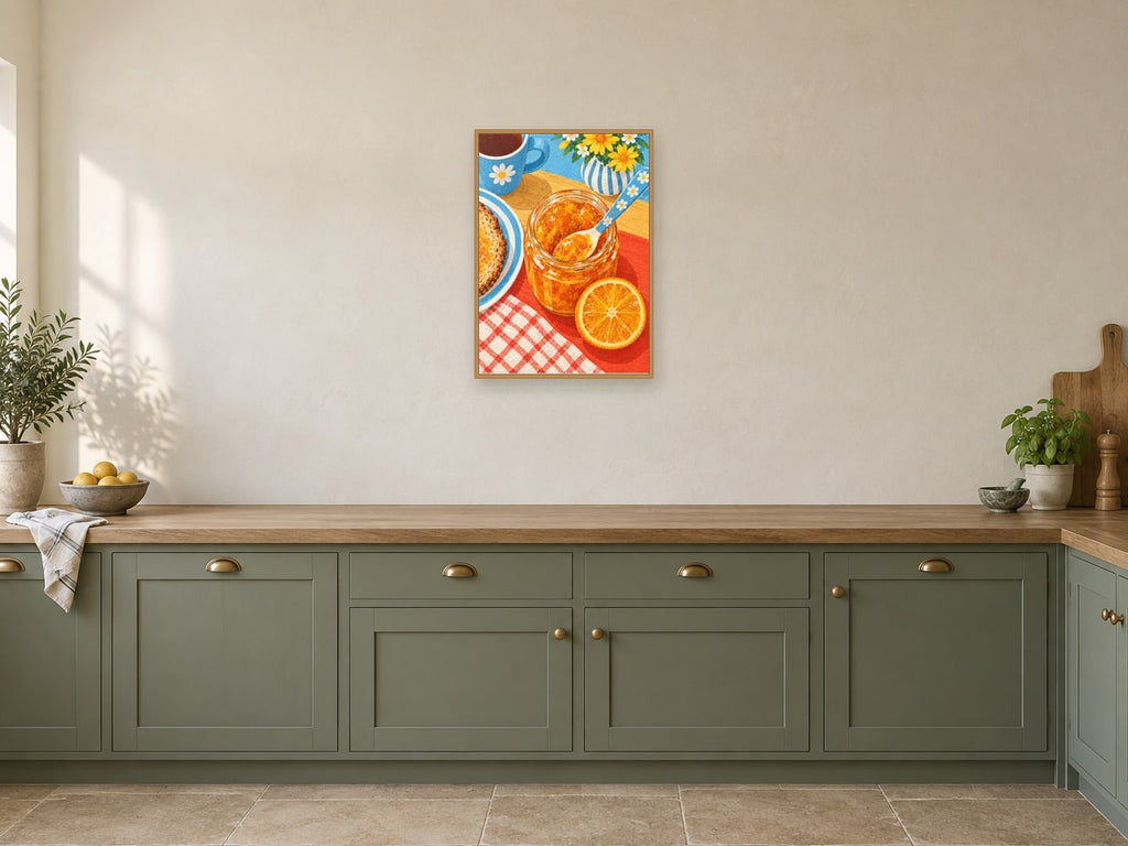 The Marmalade Morning — A2 artwork shown in a room with a natural wood frame; select a framed finish to include a frame