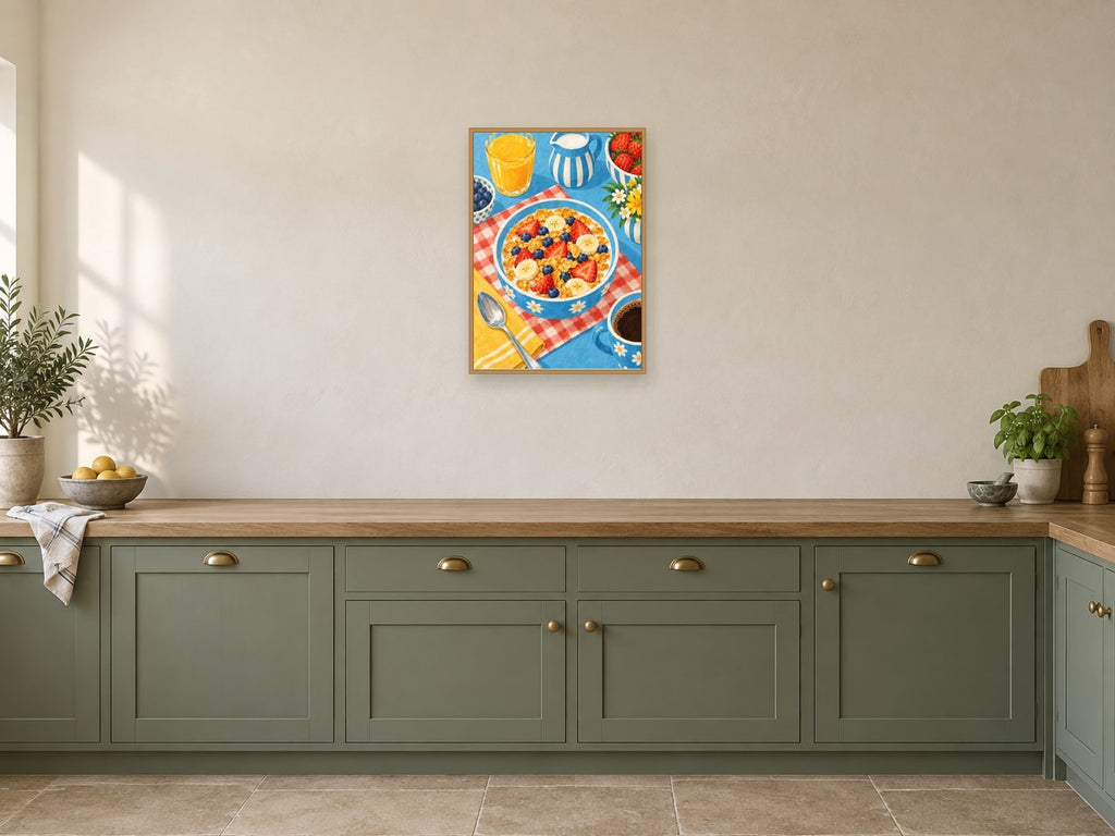 Breakfast at the Blue Table — A2 artwork shown in a room with a natural wood frame; select a framed finish to include a frame