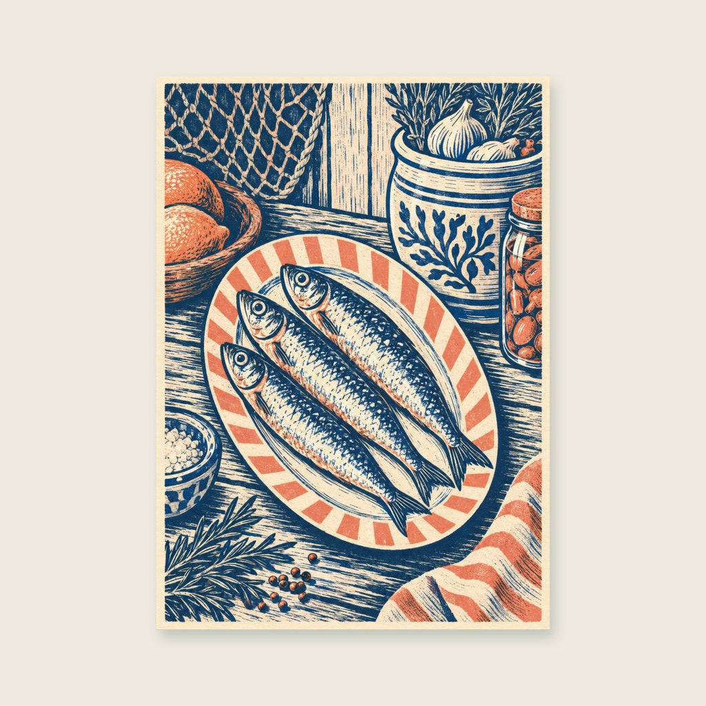 Sardines and Stripes — Linocut-inspired illustration kitchen art print