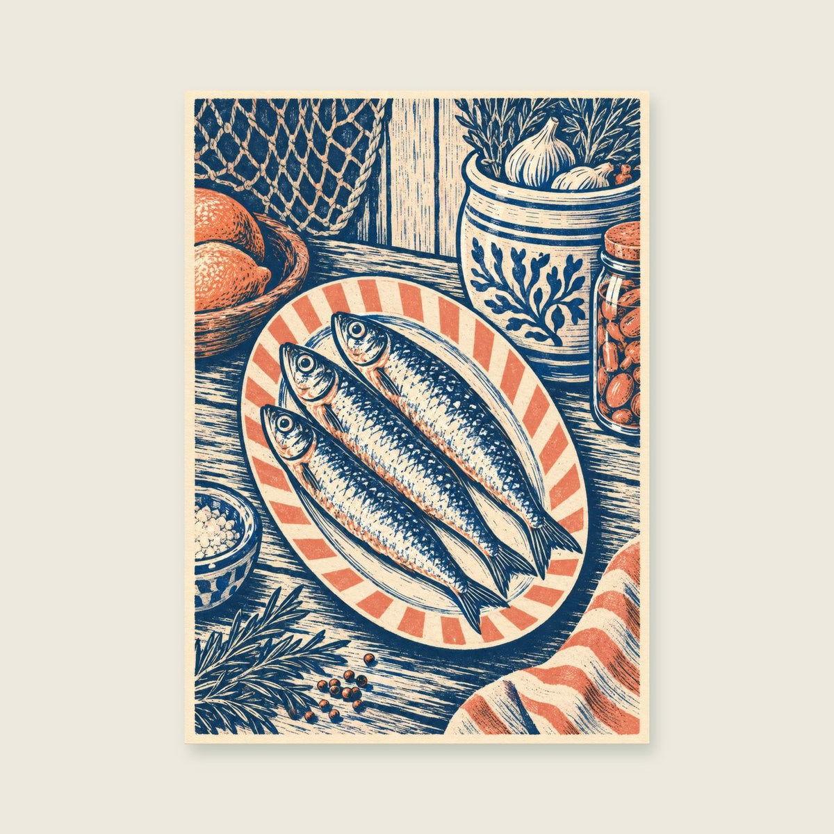Sardines and Stripes — Linocut-inspired illustration kitchen art print