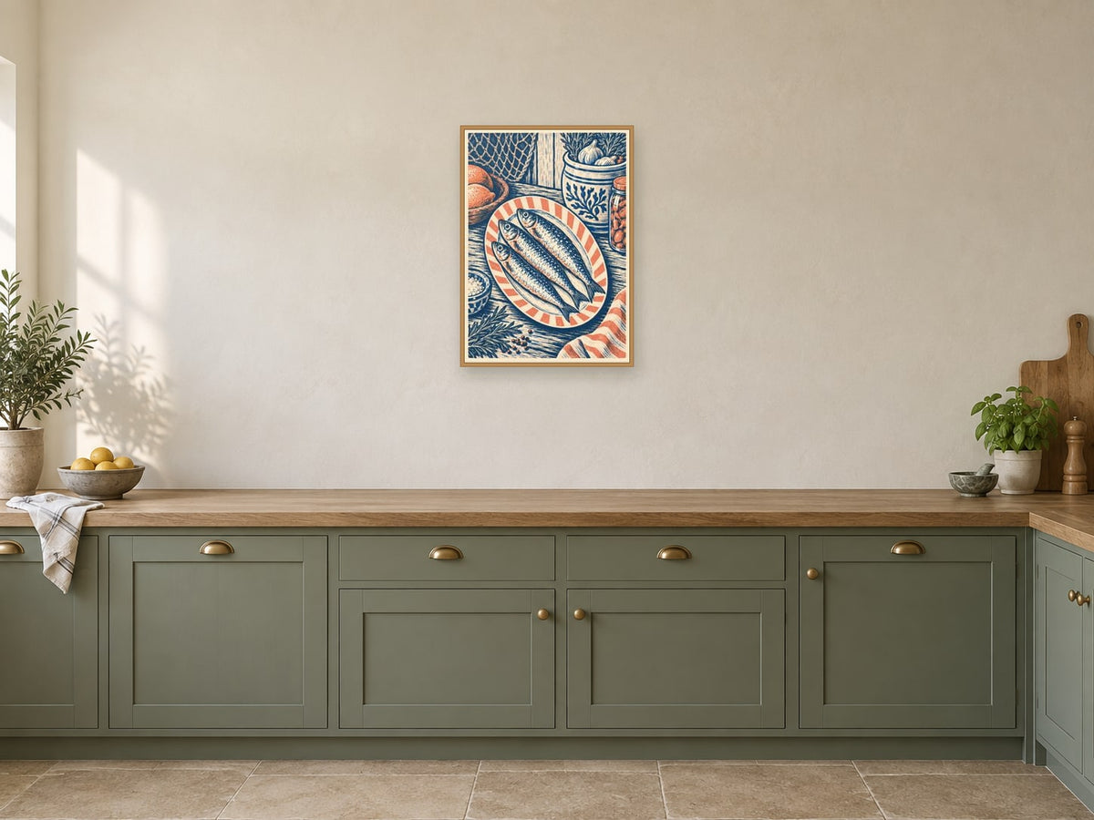 Sardines and Stripes — A2 artwork shown in a room with a natural wood frame; select a framed finish to include a frame
