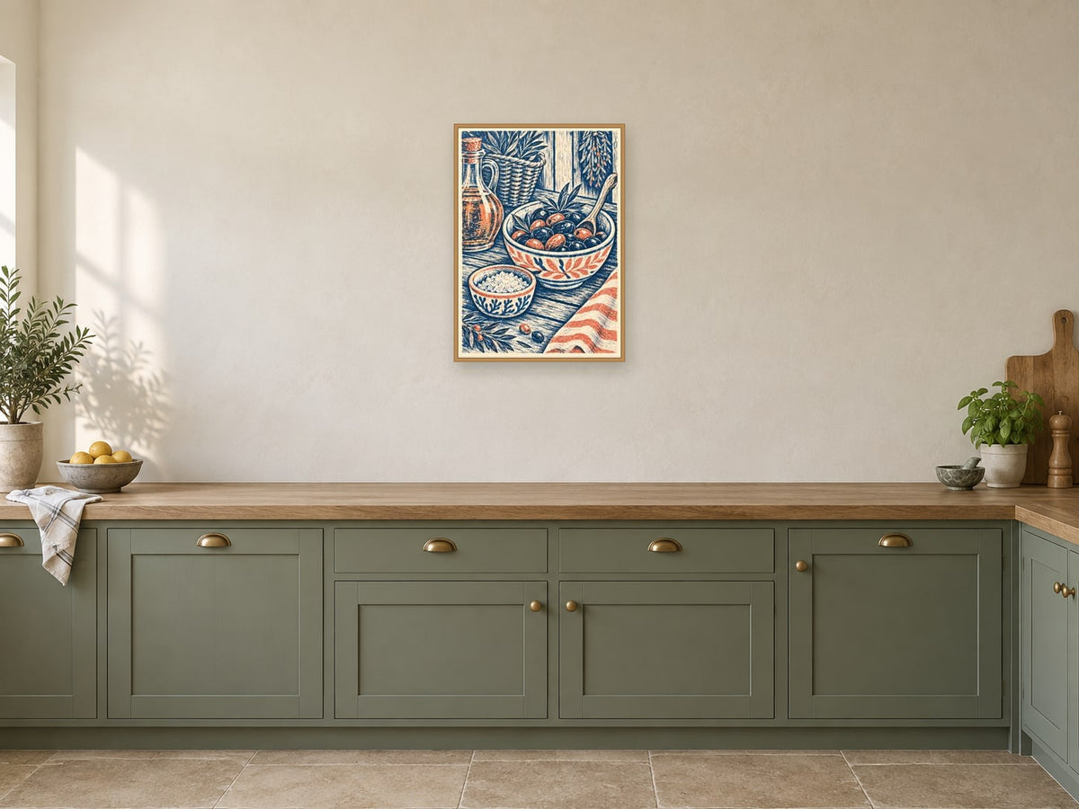 Sea Salt and Olives — A2 artwork shown in a room with a natural wood frame; select a framed finish to include a frame