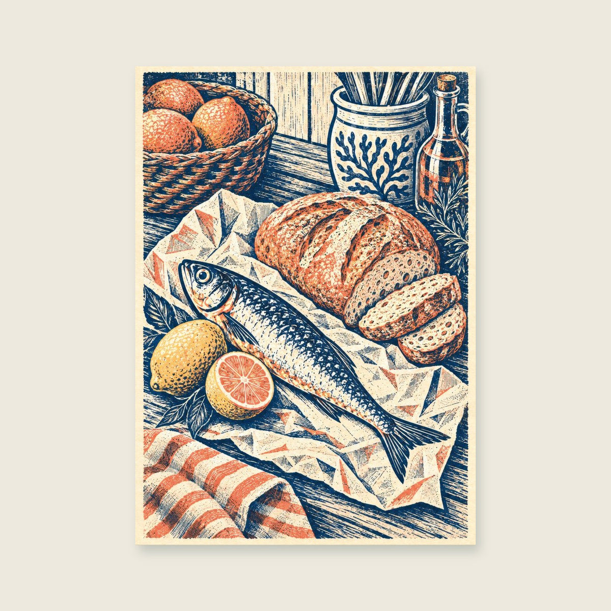 The Fishermans Lunch — Linocut-inspired illustration kitchen art print