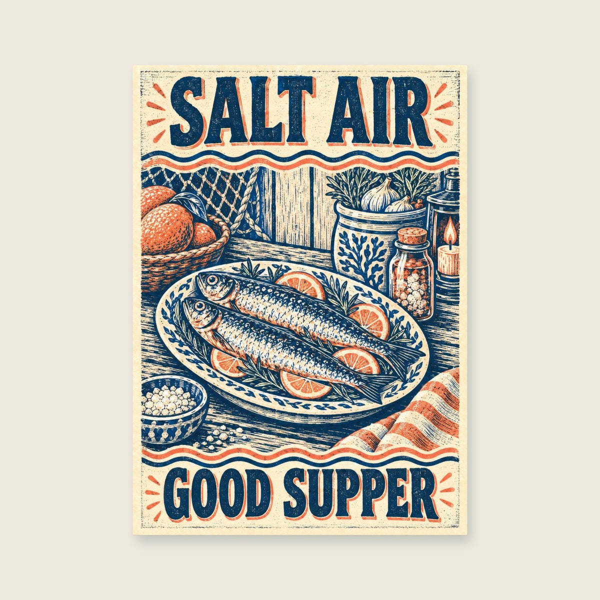 Salt Air Good Supper — Linocut-inspired illustration kitchen art print