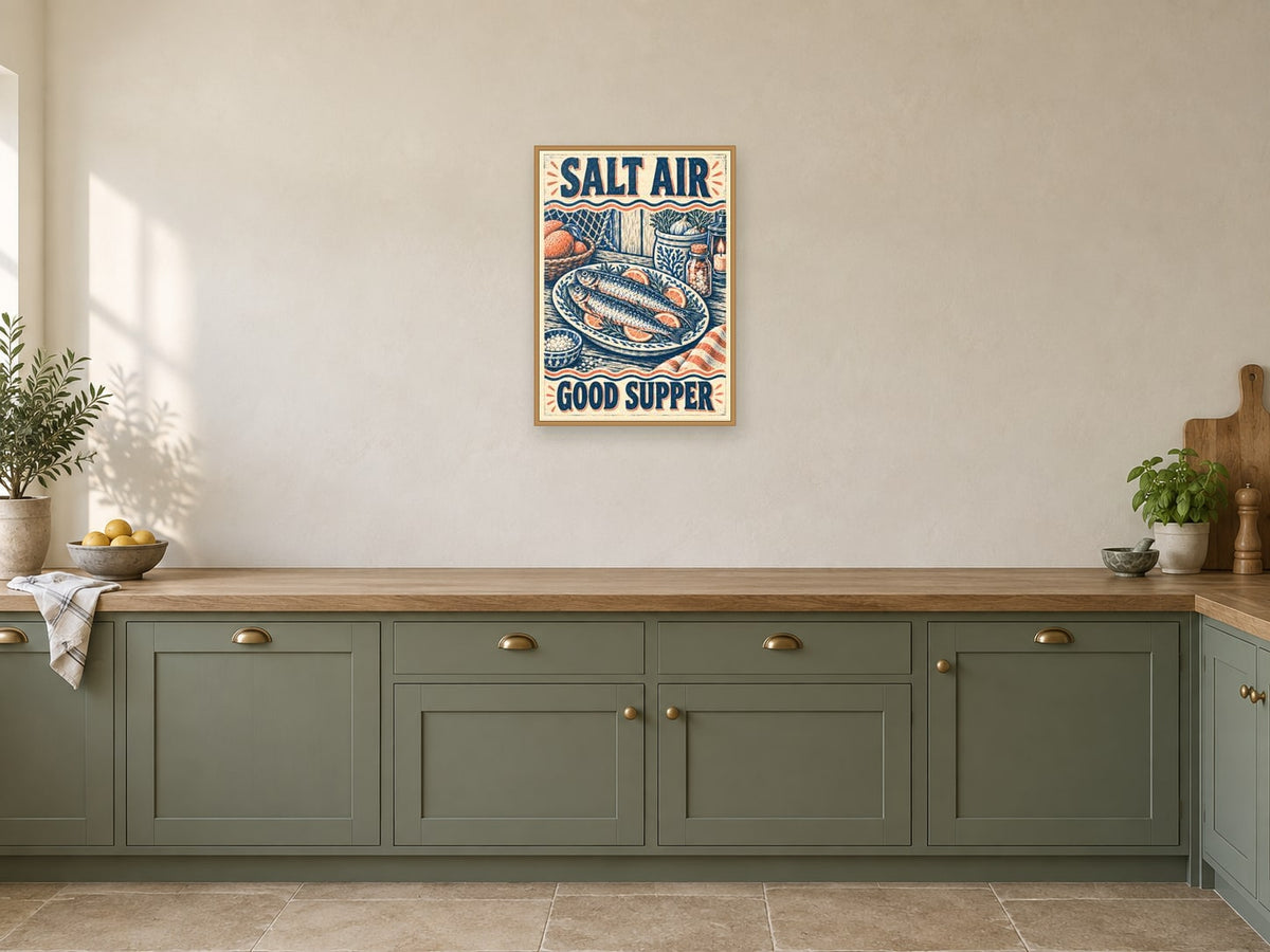 Salt Air Good Supper — A2 artwork shown in a room with a natural wood frame; select a framed finish to include a frame