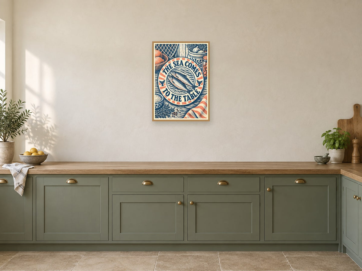 The Sea Comes to the Table — A2 artwork shown in a room with a natural wood frame; select a framed finish to include a frame