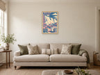 Fresh linen billowing on an imaginary garden line — A2 artwork shown in a room with a natural wood frame; select a framed finish to include a frame