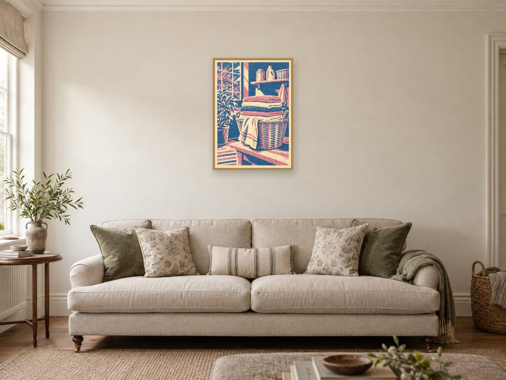 Woven basket — A2 artwork shown in a room with a natural wood frame; select a framed finish to include a frame
