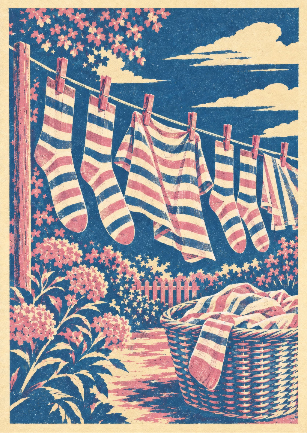 Striped socks and clothes pegs in a rhythmic pattern — artwork detail