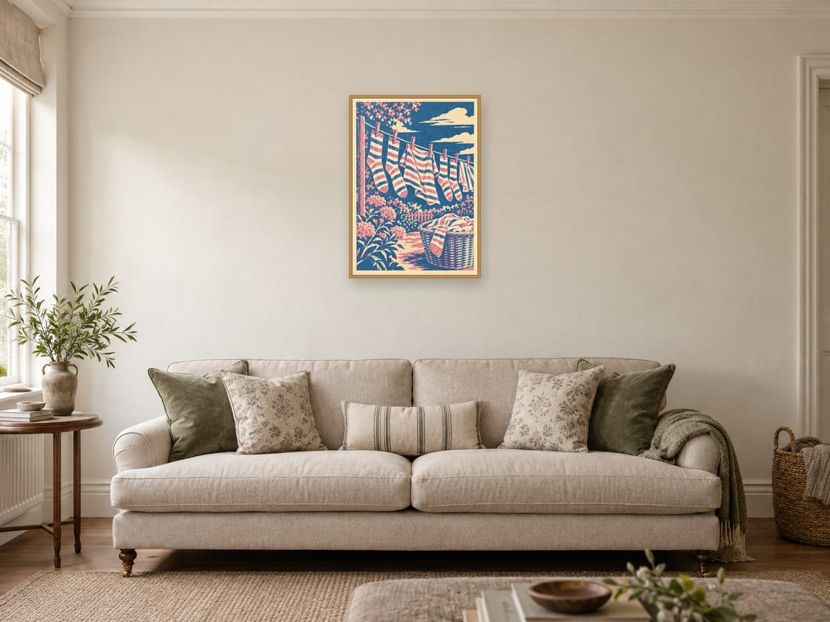 Striped socks and clothes pegs in a rhythmic pattern — A2 artwork shown in a room with a natural wood frame; select a framed finish to include a frame