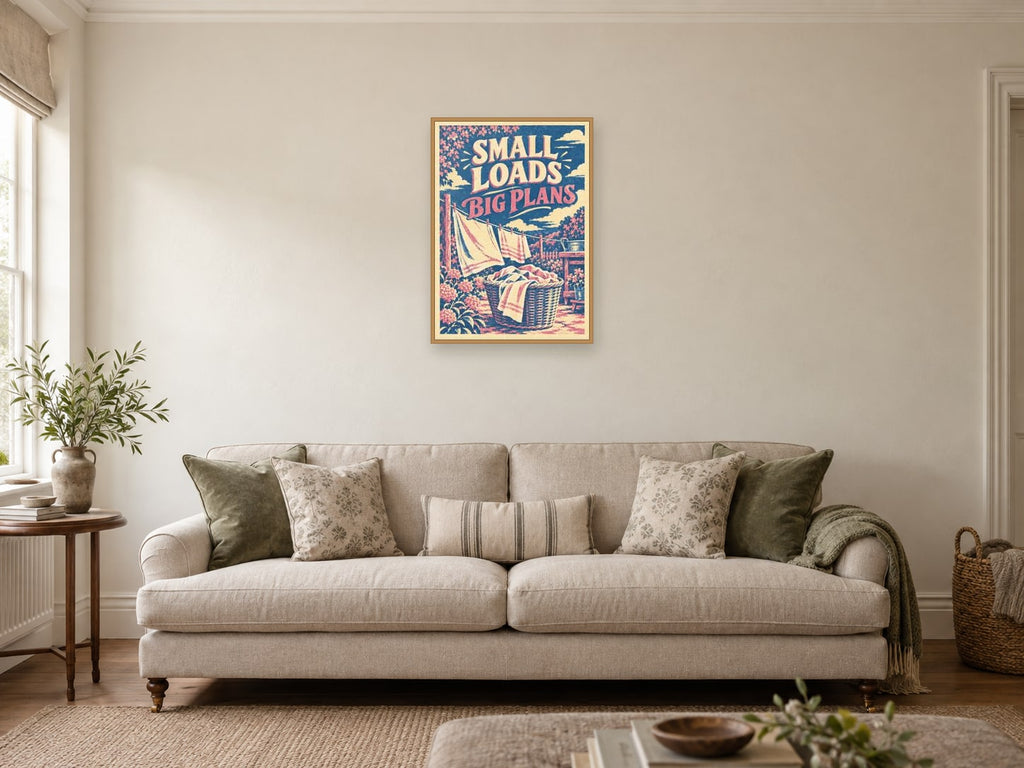 Small Loads Big Plans — A2 artwork shown in a room with a natural wood frame; select a framed finish to include a frame
