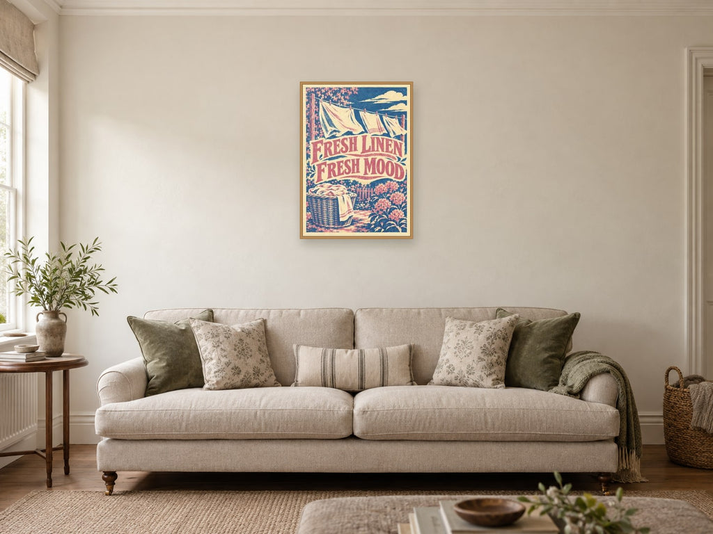 Fresh Linen Fresh Mood — A2 artwork shown in a room with a natural wood frame; select a framed finish to include a frame
