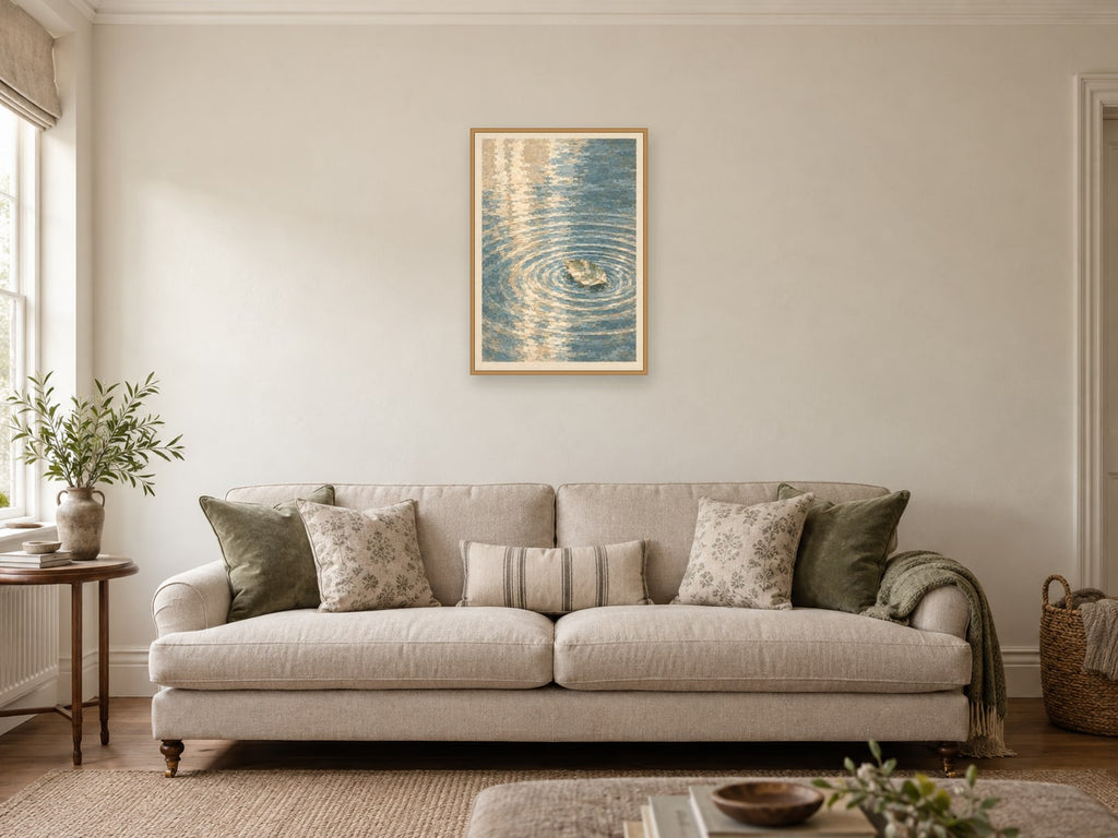 Ripples Before Breakfast — A2 artwork shown in a room with a natural wood frame; select a framed finish to include a frame