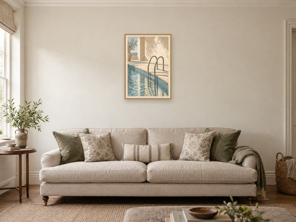 Steps into Blue — A2 artwork shown in a room with a natural wood frame; select a framed finish to include a frame