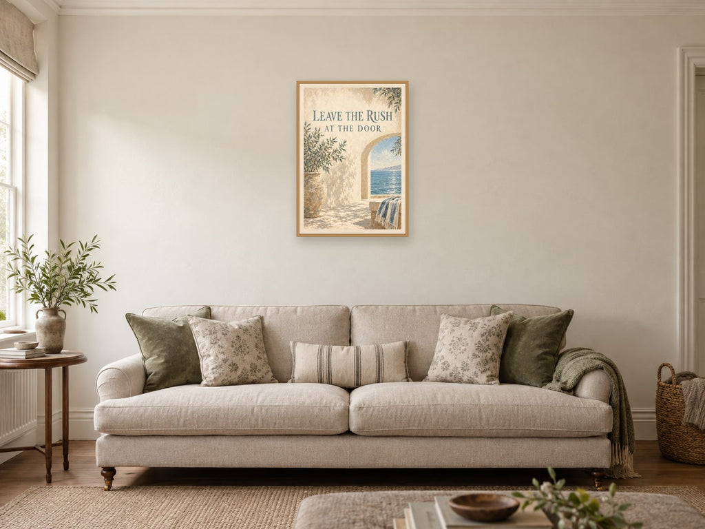 Leave the Rush at the Door — A2 artwork shown in a room with a natural wood frame; select a framed finish to include a frame