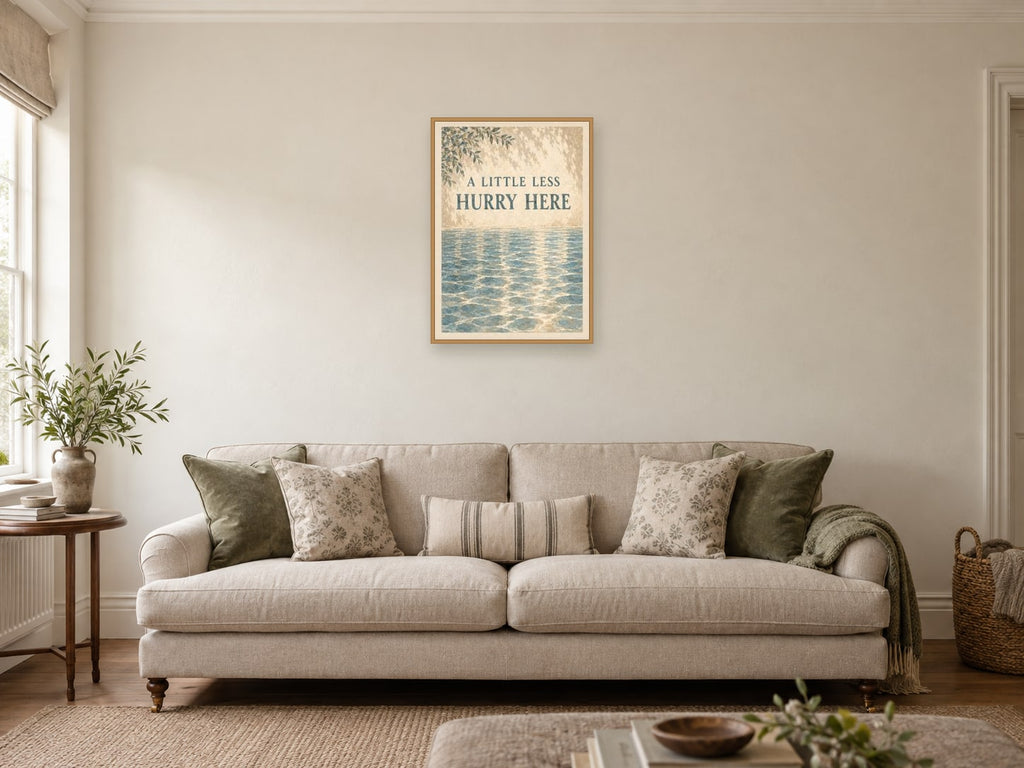 A Little Less Hurry Here — A2 artwork shown in a room with a natural wood frame; select a framed finish to include a frame