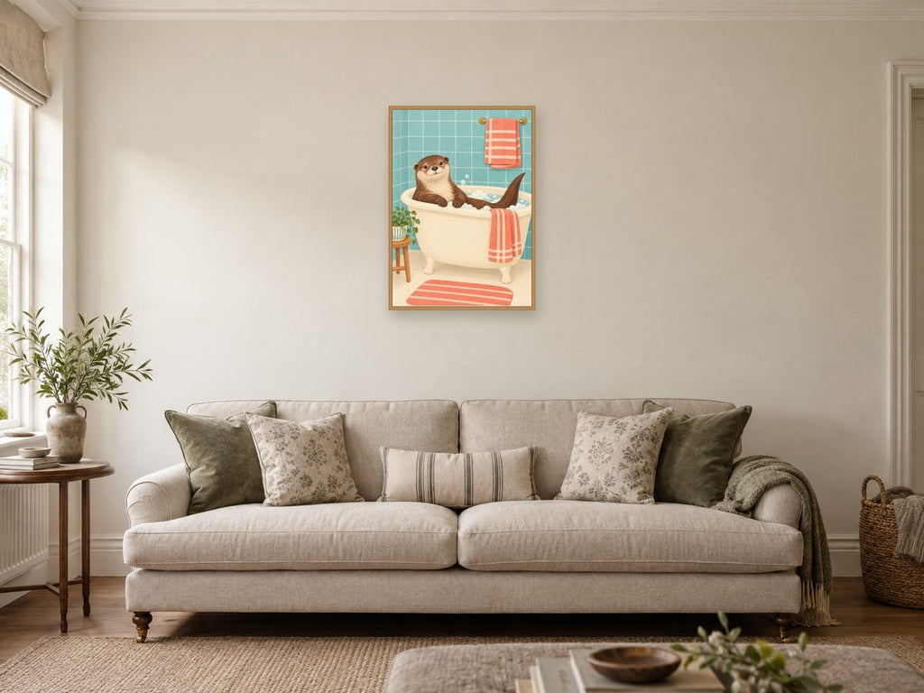 Otter Taking Five — A2 artwork shown in a room with a natural wood frame; select a framed finish to include a frame
