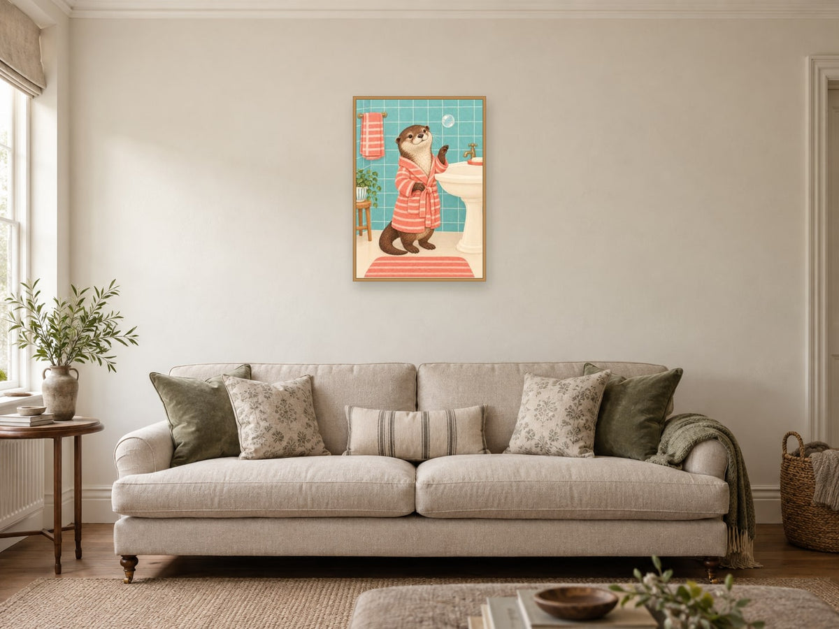 Otter and the Last Bubble — A2 artwork shown in a room with a natural wood frame; select a framed finish to include a frame