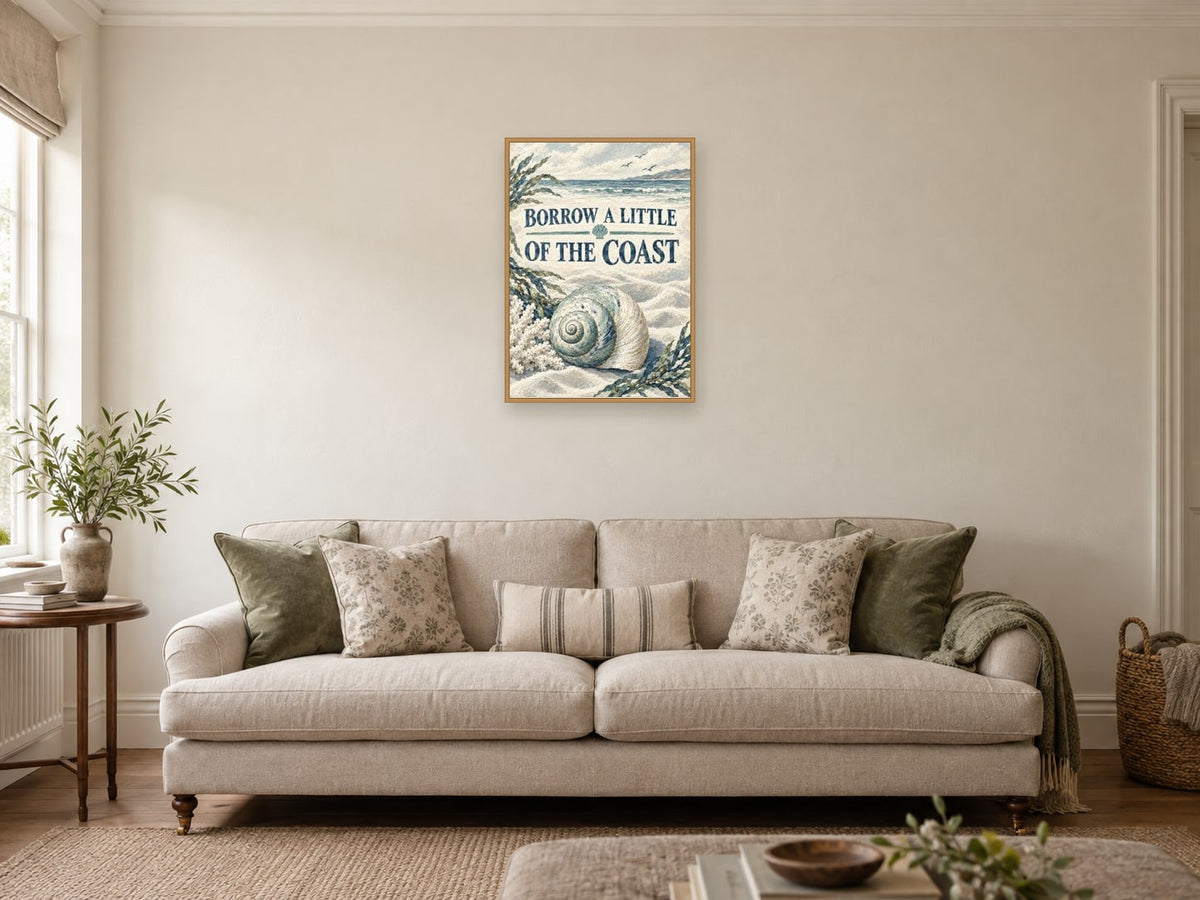 Borrow a Little of the Coast — A2 artwork shown in a room with a natural wood frame; select a framed finish to include a frame