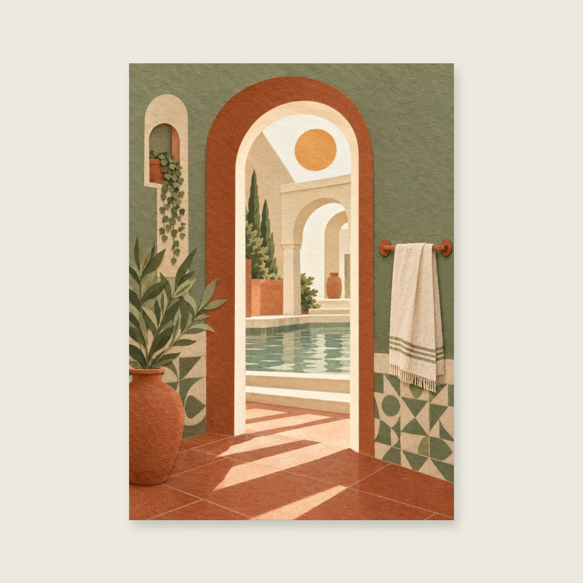 Arched Bathhouse Door — Architectural cut-paper bathroom art print