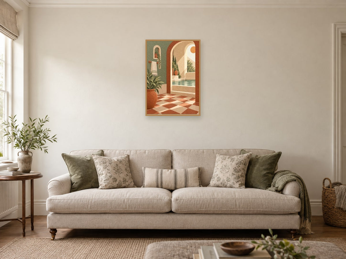 Tiles in Afternoon Light — A2 artwork shown in a room with a natural wood frame; select a framed finish to include a frame