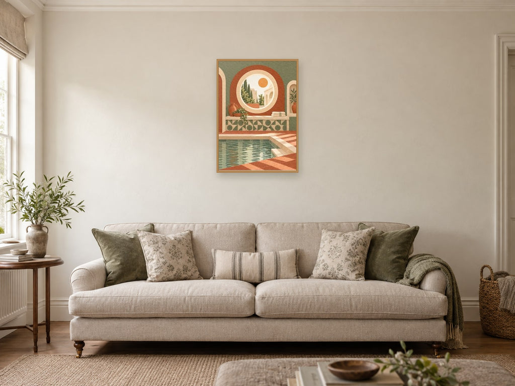 Steam and the Round Window — A2 artwork shown in a room with a natural wood frame; select a framed finish to include a frame