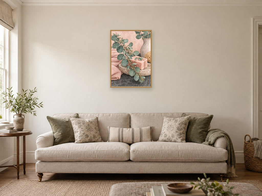Lavender and the Soap Dish — A2 artwork shown in a room with a natural wood frame; select a framed finish to include a frame