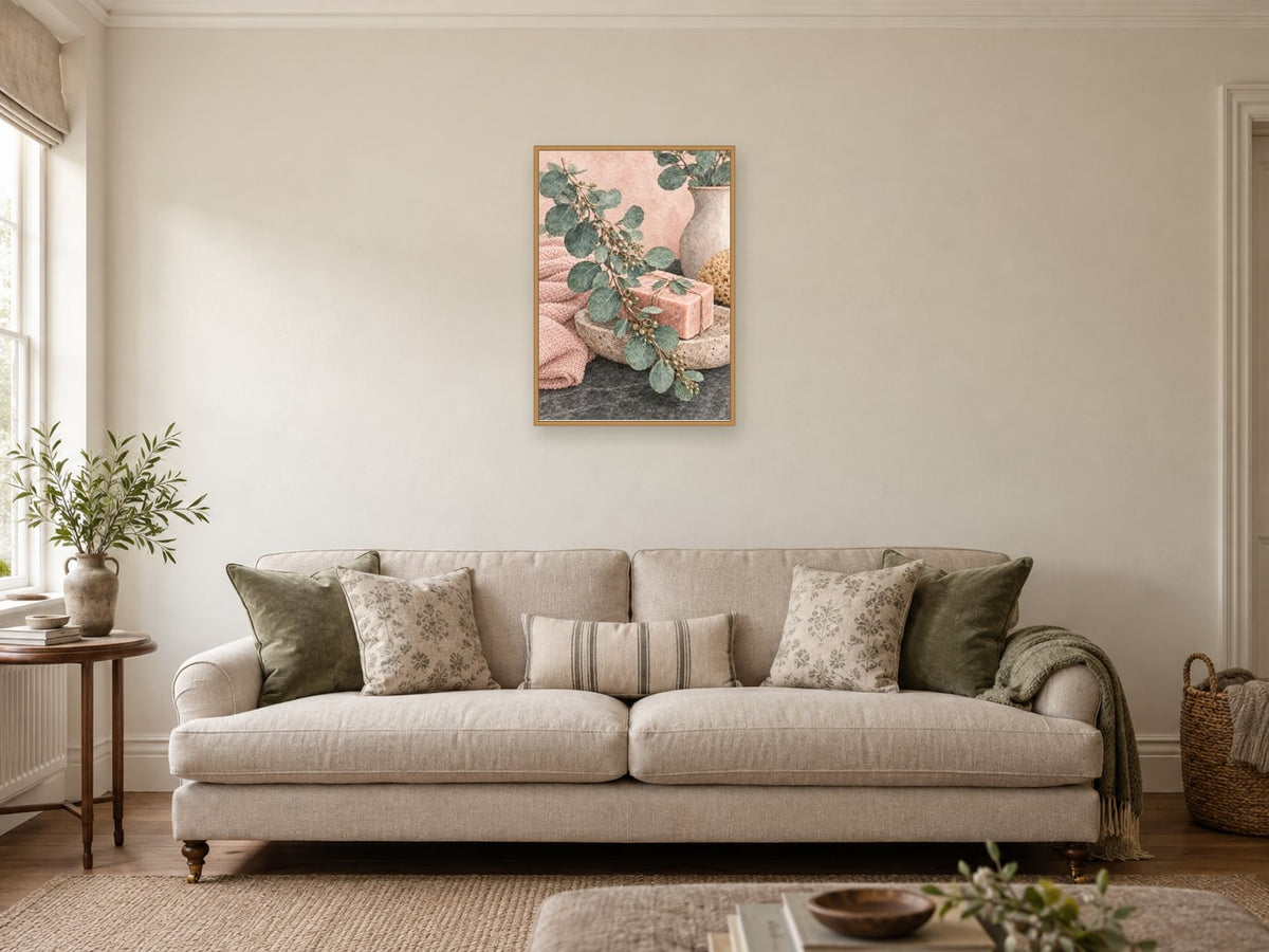 Lavender and the Soap Dish — A2 artwork shown in a room with a natural wood frame; select a framed finish to include a frame