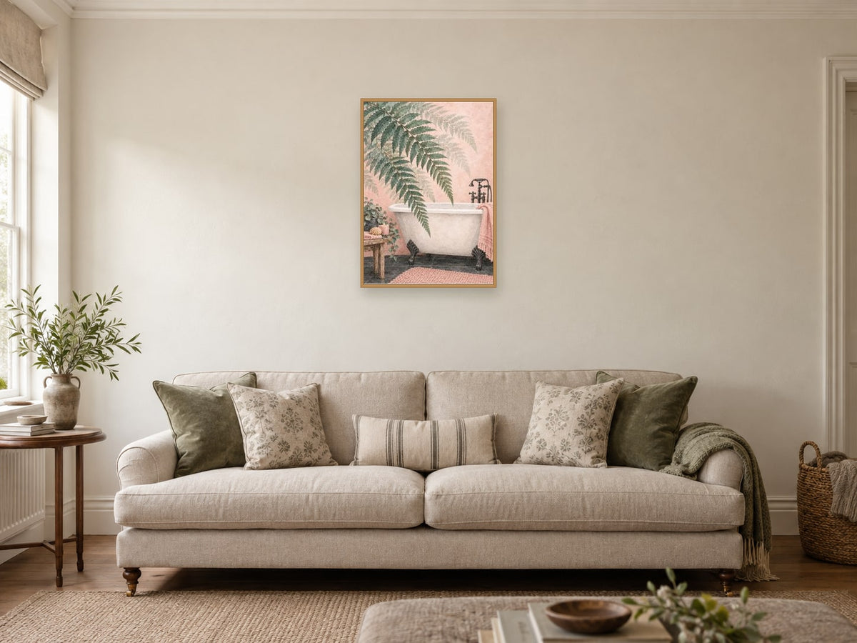 Fern in the Mist — A2 artwork shown in a room with a natural wood frame; select a framed finish to include a frame